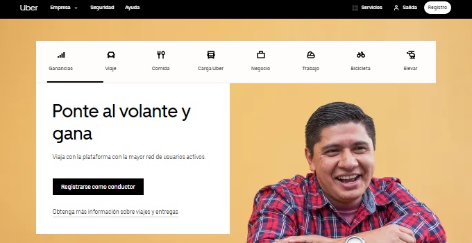 Pagina de inicio Uber